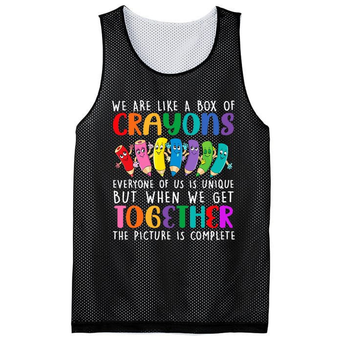 Back To School Teacher We Are Like A Box Of Crayons Mesh Reversible Basketball Jersey Tank