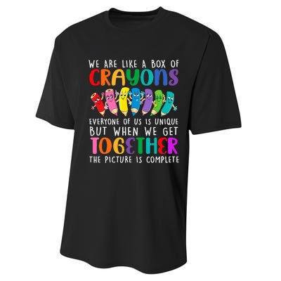 Back To School Teacher We Are Like A Box Of Crayons Performance Sprint T-Shirt