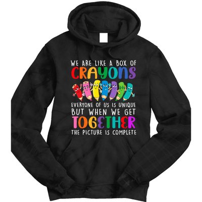 Back To School Teacher We Are Like A Box Of Crayons Tie Dye Hoodie