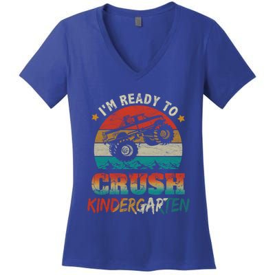 Back To School Ready To Crush Kindergarten Monster Truck Boy Funny Gift Women's V-Neck T-Shirt