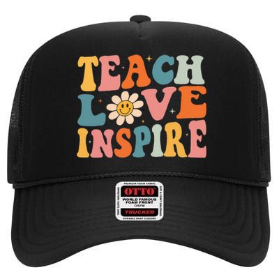 Back To School Teach Love Inspire Retro Teachers High Crown Mesh Back Trucker Hat