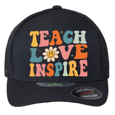 Back To School Teach Love Inspire Retro Teachers Flexfit Unipanel Trucker Cap