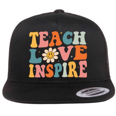 Back To School Teach Love Inspire Retro Teachers Flat Bill Trucker Hat