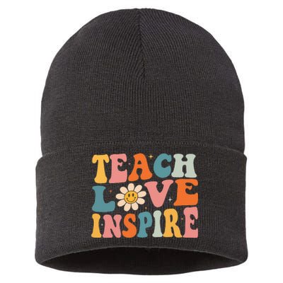 Back To School Teach Love Inspire Retro Teachers Sustainable Knit Beanie