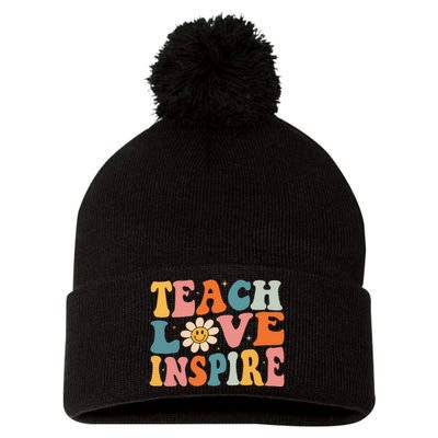 Back To School Teach Love Inspire Retro Teachers Pom Pom 12in Knit Beanie