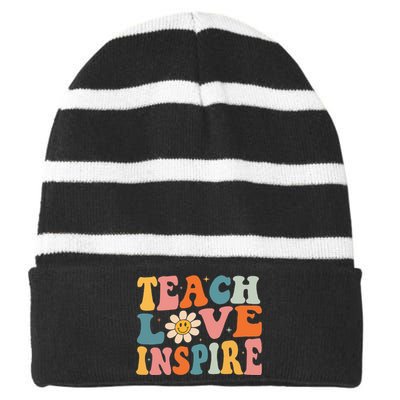 Back To School Teach Love Inspire Retro Teachers Striped Beanie with Solid Band