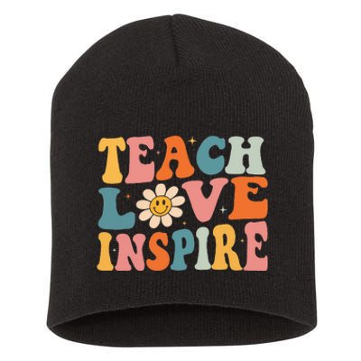 Back To School Teach Love Inspire Retro Teachers Short Acrylic Beanie