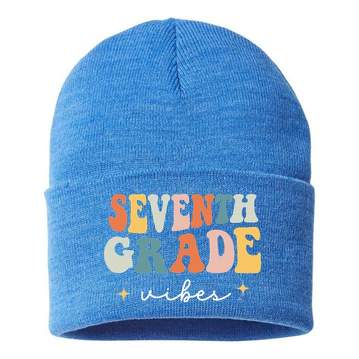 Back To School Seventh Grade Vibes Retro 7th Grade Teacher Sustainable Knit Beanie