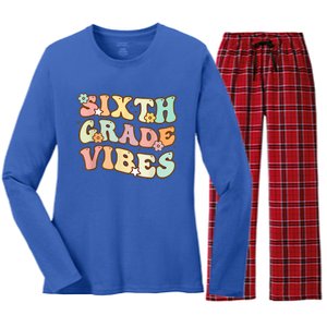 Back To School Sixth Grade Vibes Student Teacher Retro Gift Women's Long Sleeve Flannel Pajama Set 