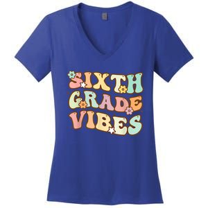 Back To School Sixth Grade Vibes Student Teacher Retro Gift Women's V-Neck T-Shirt