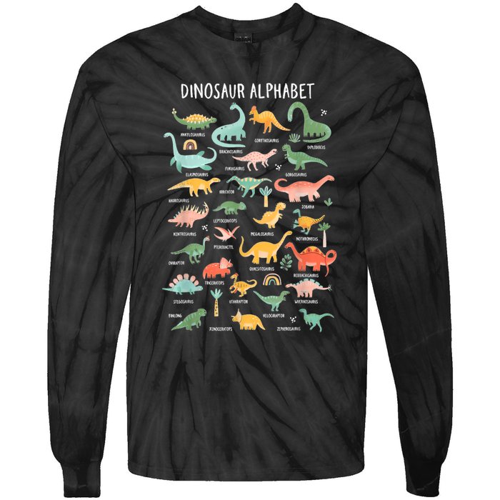 Back To School Types Of Dinosaurs Alphabet Identification Tie-Dye Long Sleeve Shirt