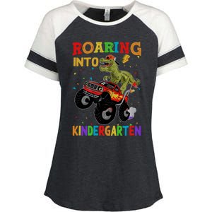 Back To School Roaring Kindergarten Dinosaur Monster Truck Gift Enza Ladies Jersey Colorblock Tee