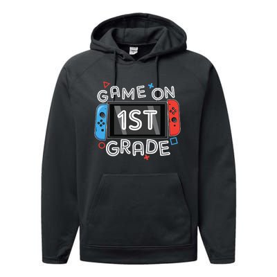 Back To School Game On 1st Grade Funny Gamer Performance Fleece Hoodie