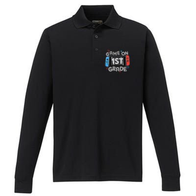 Back To School Game On 1st Grade Funny Gamer Performance Long Sleeve Polo