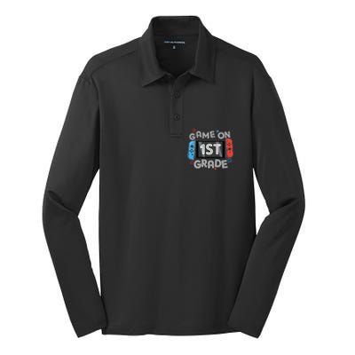 Back To School Game On 1st Grade Funny Gamer Silk Touch Performance Long Sleeve Polo