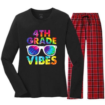 Back To School Funny 4th Grade Vibes First Day Teacher Women's Long Sleeve Flannel Pajama Set 