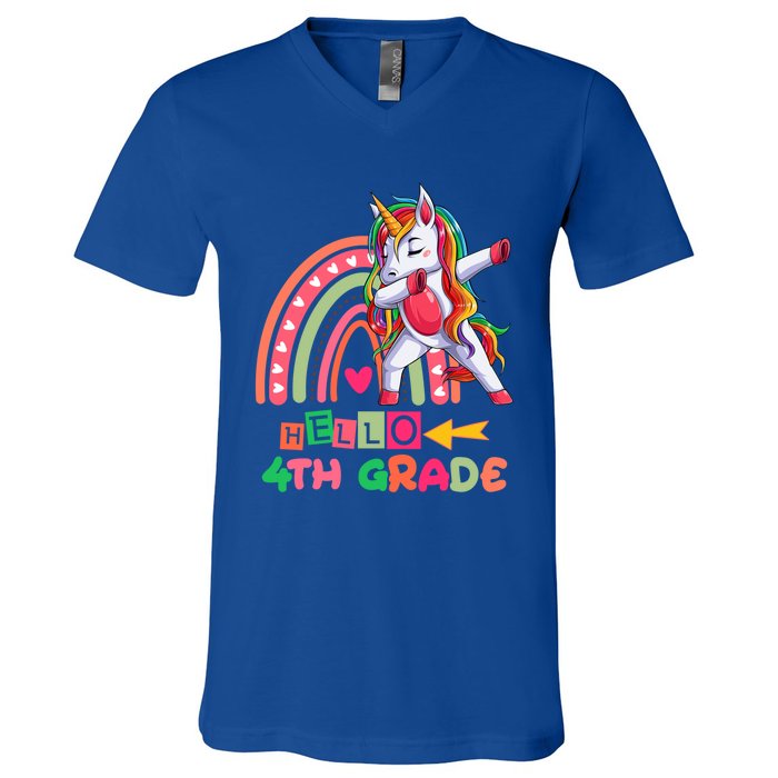 Back To School Hello 4Th Grade Rainbow Unicorn Teachers Gift V-Neck T-Shirt