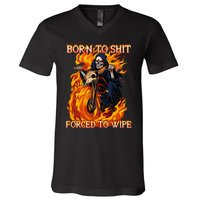 Born To Shit Forced To Wipe Funny Motorbike Skull Riding V-Neck T-Shirt