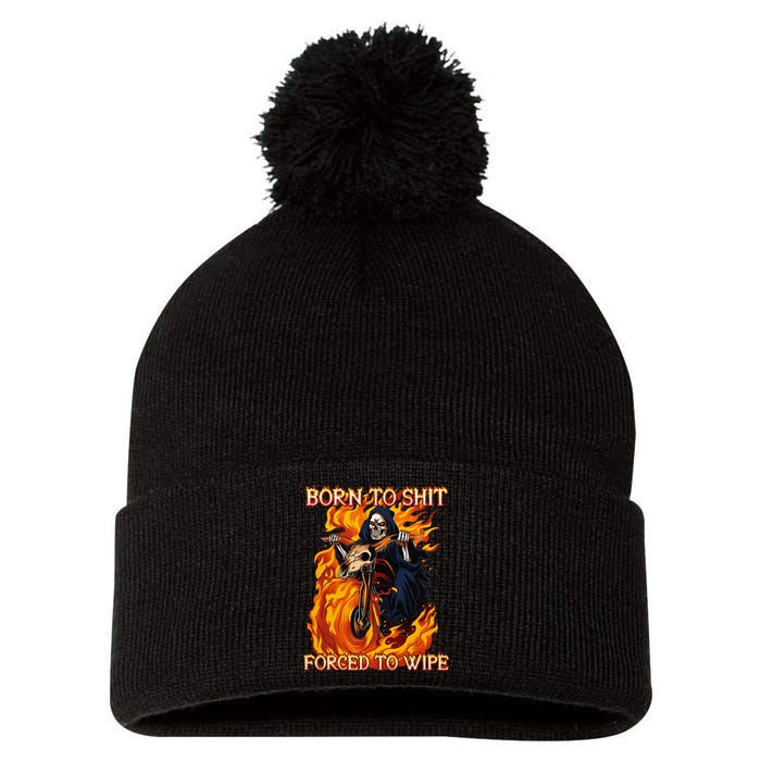 Born To Shit Forced To Wipe Funny Motorbike Skull Riding Pom Pom 12in Knit Beanie