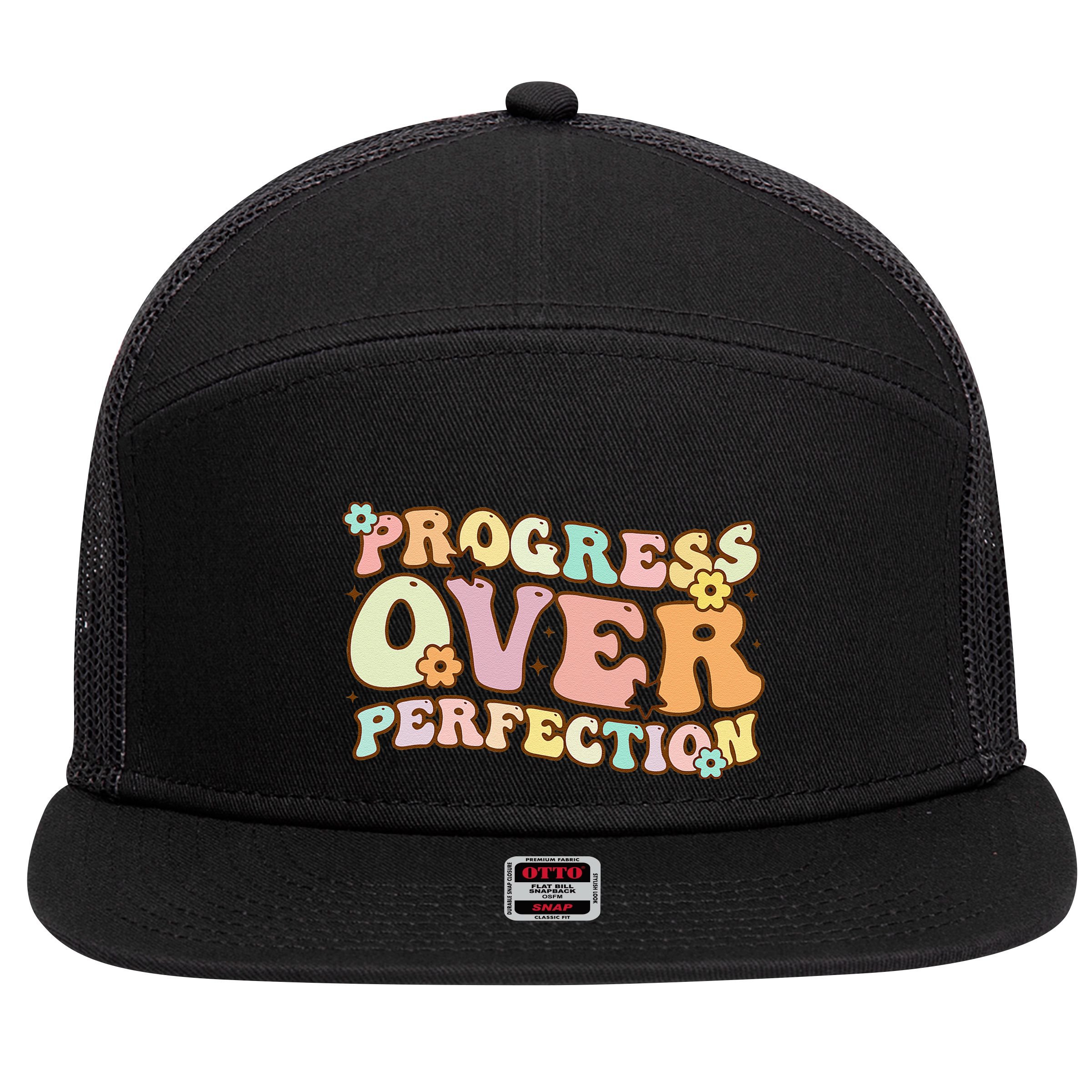 Back To School Progress Over Perfection Motivational Gifts 7 Panel Mesh Trucker Snapback Hat