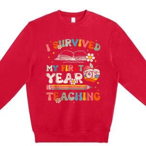 Back To School I Survived My First Year Of Teaching Groovy Premium Crewneck Sweatshirt