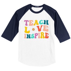 Back To School Teach Love Inspire Retro Teachers Funny Baseball Sleeve Shirt