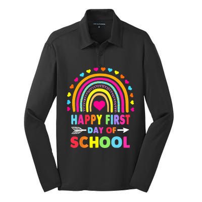 Back To School Funny Happy First Day Of School For Teachers Silk Touch Performance Long Sleeve Polo