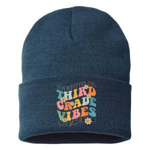 Back To School Third Grade Vibes Retro Teacher Wo Kid Sustainable Knit Beanie