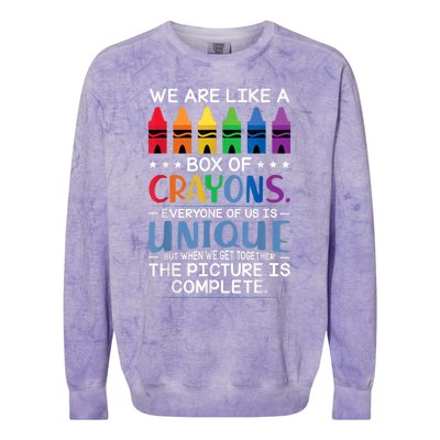 Back To School Teacher We Are Like A Box Of Crayons Colorblast Crewneck Sweatshirt