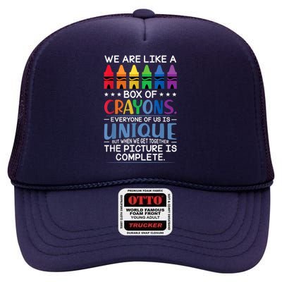 Back To School Teacher We Are Like A Box Of Crayons High Crown Mesh Back Trucker Hat