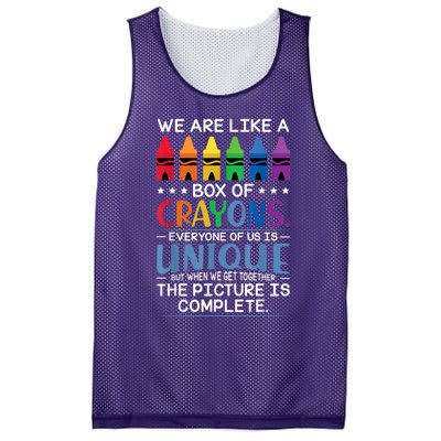 Back To School Teacher We Are Like A Box Of Crayons Mesh Reversible Basketball Jersey Tank