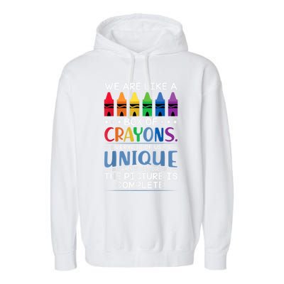 Back To School Teacher We Are Like A Box Of Crayons Garment-Dyed Fleece Hoodie