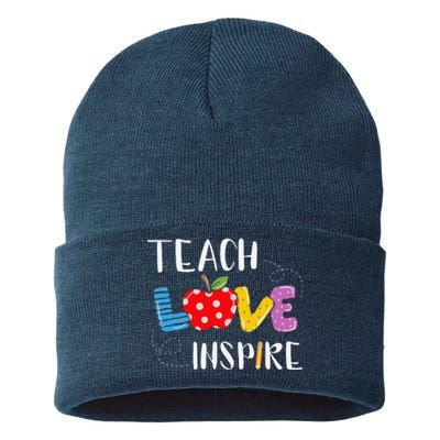 Back To School Teach Love Inspire Teaching Kindness Teacher Sustainable Knit Beanie