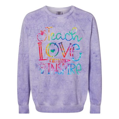 Back To School Teach Love Inspire Teaching Kindness Teacher Colorblast Crewneck Sweatshirt