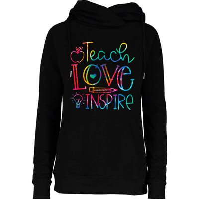 Back To School Teach Love Inspire Teaching Kindness Teacher Womens Funnel Neck Pullover Hood