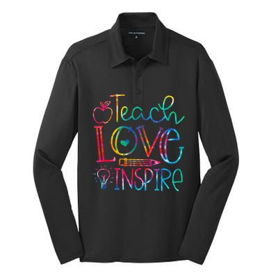 Back To School Teach Love Inspire Teaching Kindness Teacher Silk Touch Performance Long Sleeve Polo