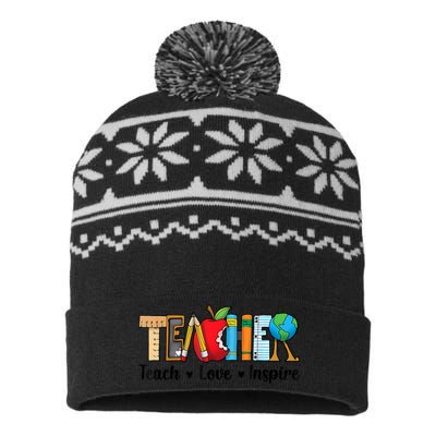 Back To School Cute Teach Love Inspire Teacher USA-Made Snowflake Beanie