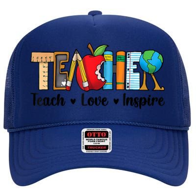 Back To School Cute Teach Love Inspire Teacher High Crown Mesh Back Trucker Hat