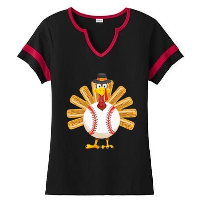 Baseball Turkey Thanksgiving Ladies Halftime Notch Neck Tee