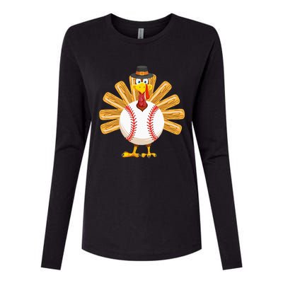 Baseball Turkey Thanksgiving Womens Cotton Relaxed Long Sleeve T-Shirt