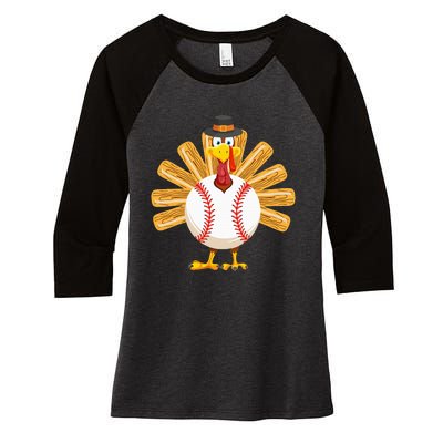 Baseball Turkey Thanksgiving Women's Tri-Blend 3/4-Sleeve Raglan Shirt