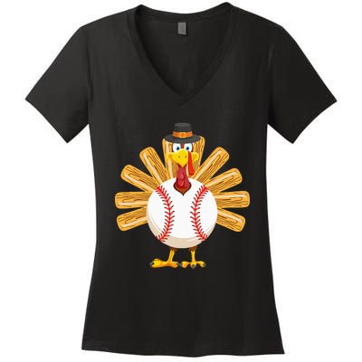 Baseball Turkey Thanksgiving Women's V-Neck T-Shirt