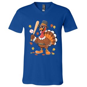 Baseball Turkey Thanksgiving Funny Gift Mom Gift V-Neck T-Shirt