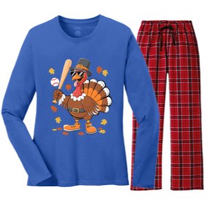 Baseball Turkey Thanksgiving Funny Gift Mom Gift Women's Long Sleeve Flannel Pajama Set 