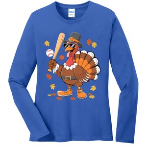 Baseball Turkey Thanksgiving Funny Gift Mom Gift Ladies Long Sleeve Shirt