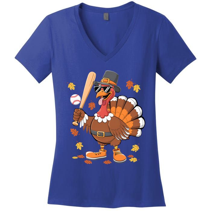 Baseball Turkey Thanksgiving Funny Gift Mom Gift Women's V-Neck T-Shirt