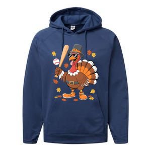 Baseball Turkey Thanksgiving Funny Gift Mom Gift Performance Fleece Hoodie