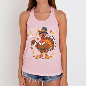 Baseball Turkey Thanksgiving Funny Gift Mom Gift Women's Knotted Racerback Tank