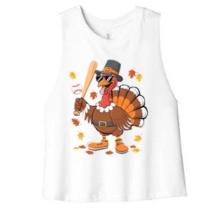 Baseball Turkey Thanksgiving Funny Gift Mom Gift Women's Racerback Cropped Tank