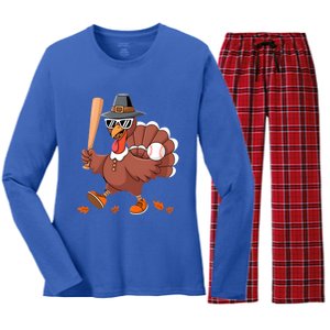 Baseball Turkey Thanksgiving Gift Mom Gift Women's Long Sleeve Flannel Pajama Set 